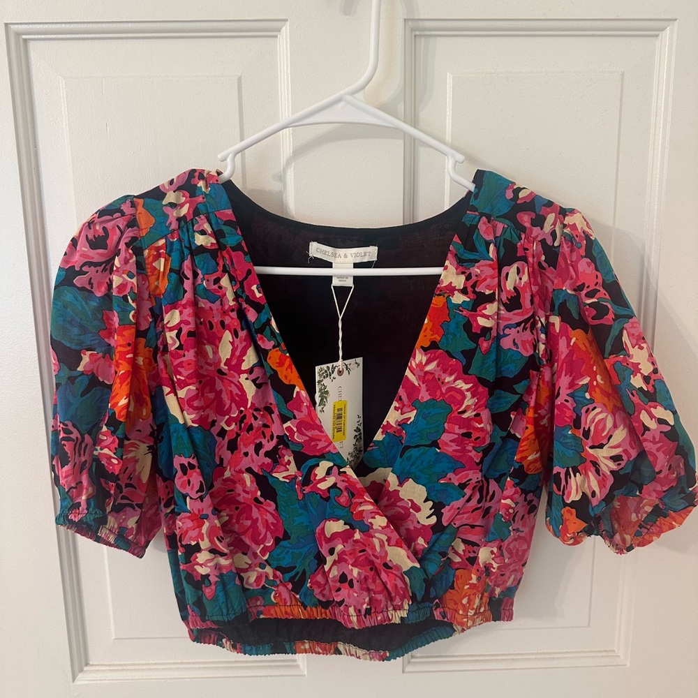 Chelsea & Violet Blue and Pink Puff Sleeve Wrap Blouse